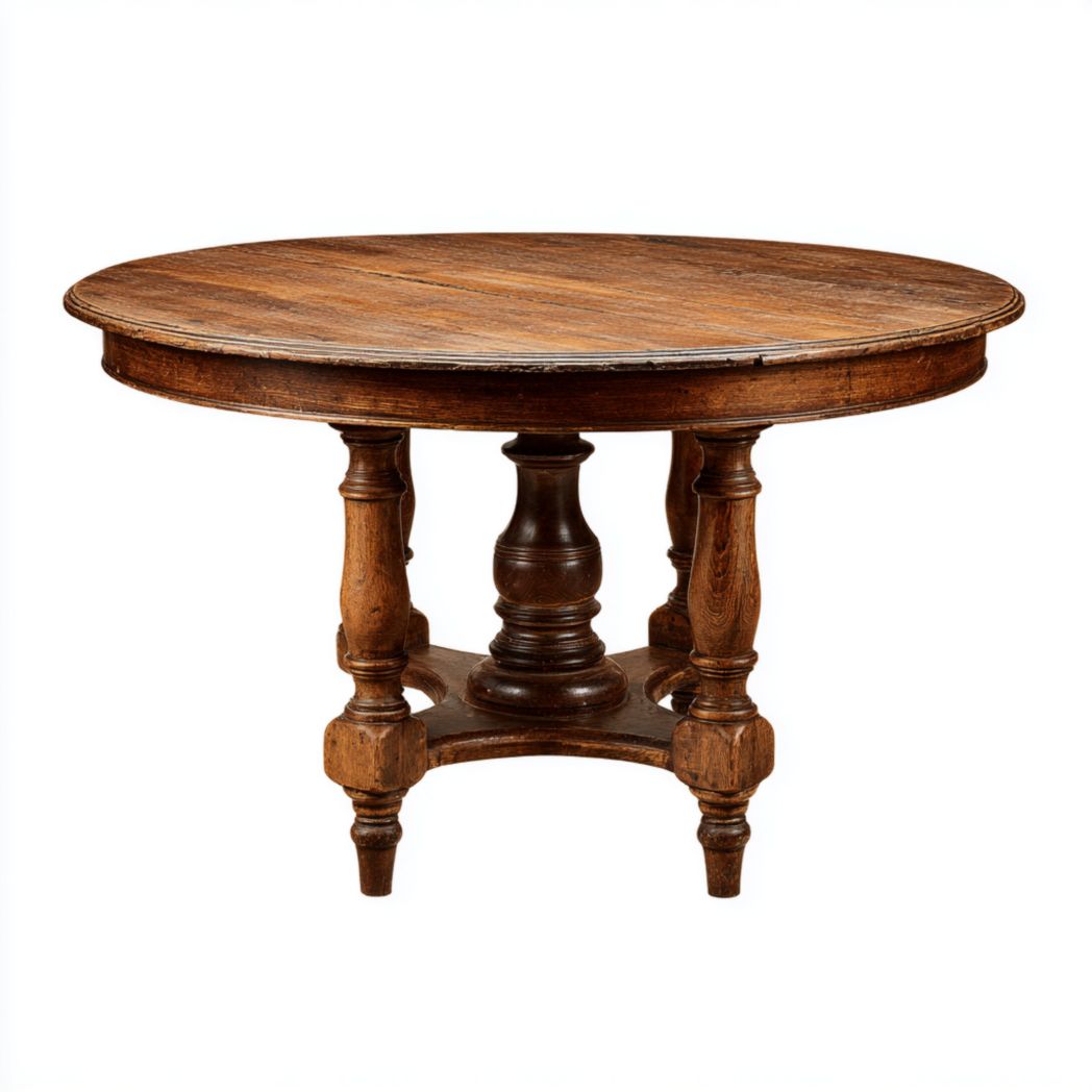 Table ronde en bois avec plateau foncé et pieds en colonne tournés