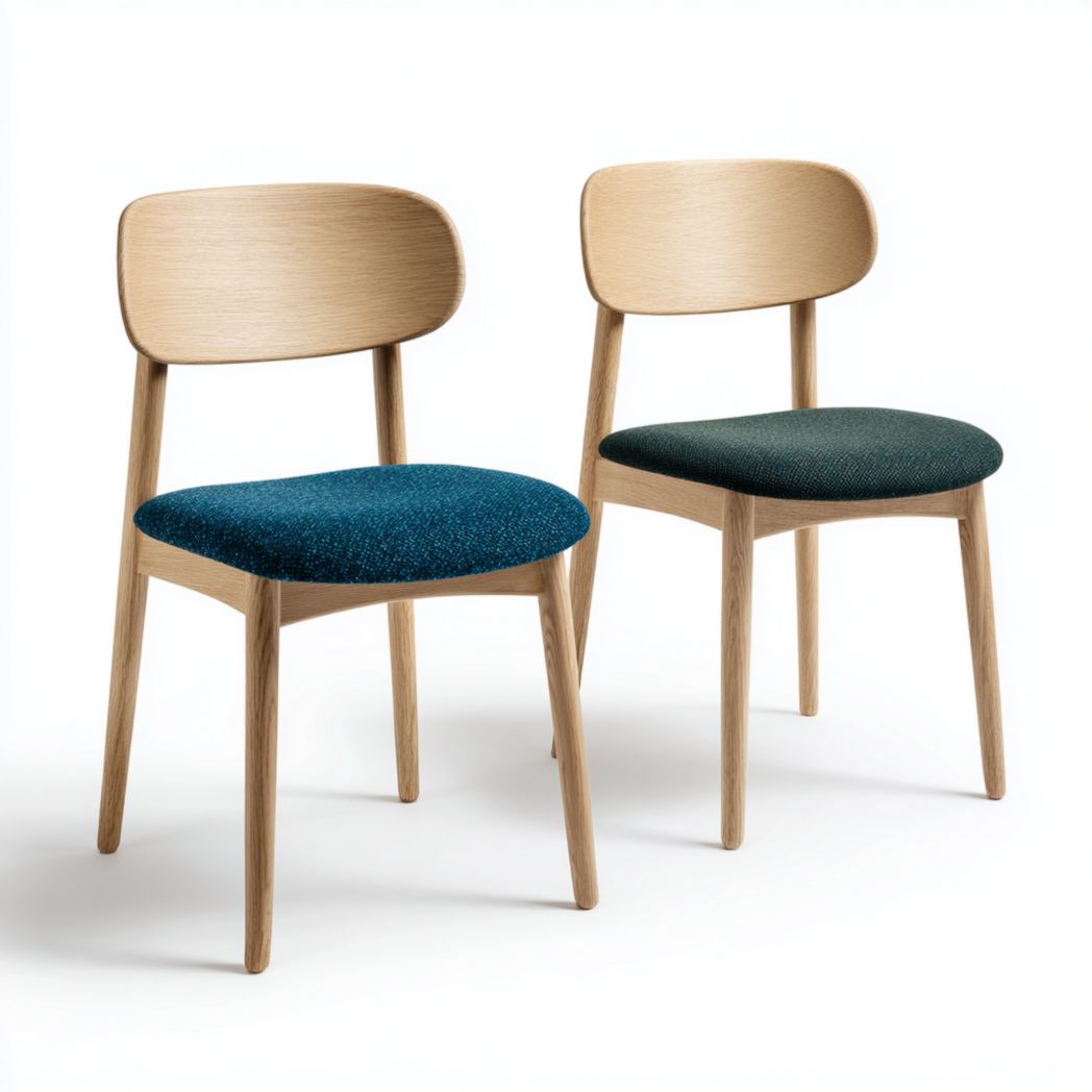 Deux chaises avec des cadres en bois clair et des sièges en bleu et vert