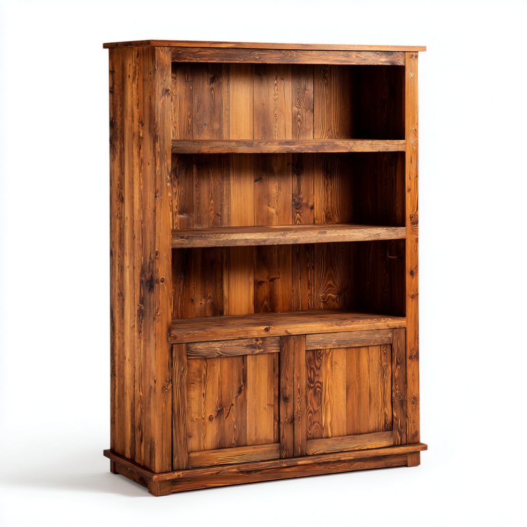 Bibliothèque en bois marron à trois niveaux avec structure de rangement à porte