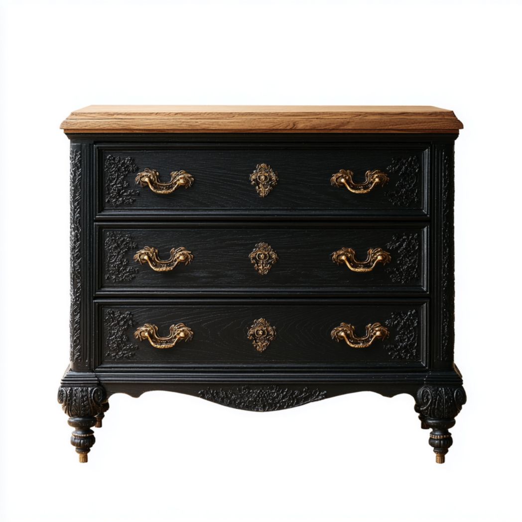 Commode en bois massif noir avec trois tiroirs, plateau en bois et poignées en métal