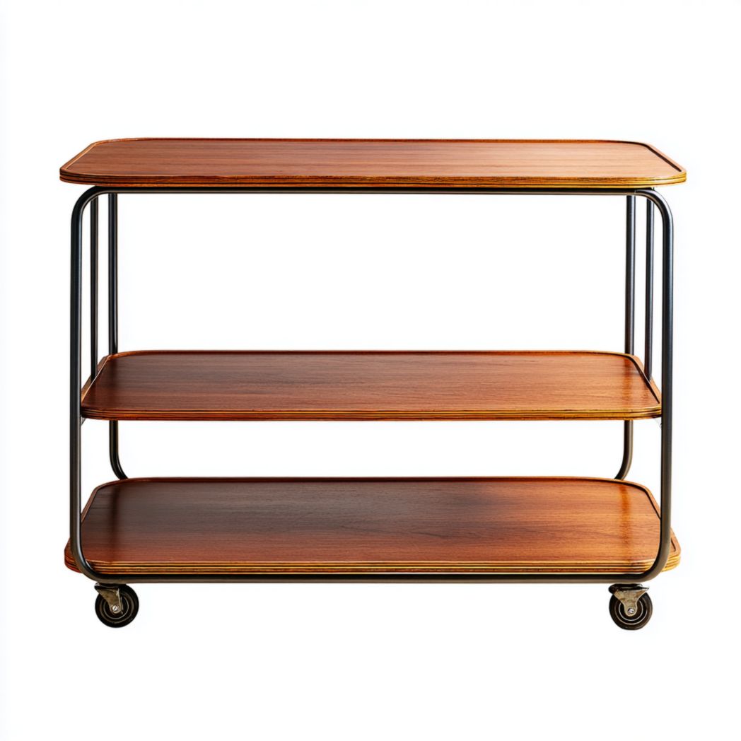 Chariot de service avec trois étagères en bois et structure en métal noir sur roulettes