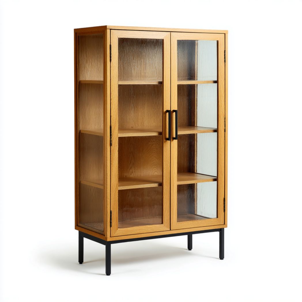 Vitrine en bois avec deux portes vitrées et cadre en métal noir