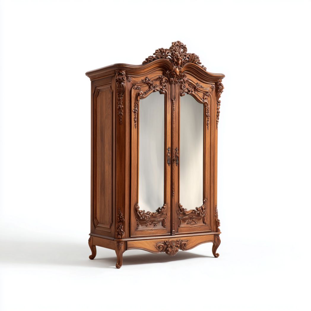Armoire en bois brun foncé avec portes doubles et panneaux en miroir