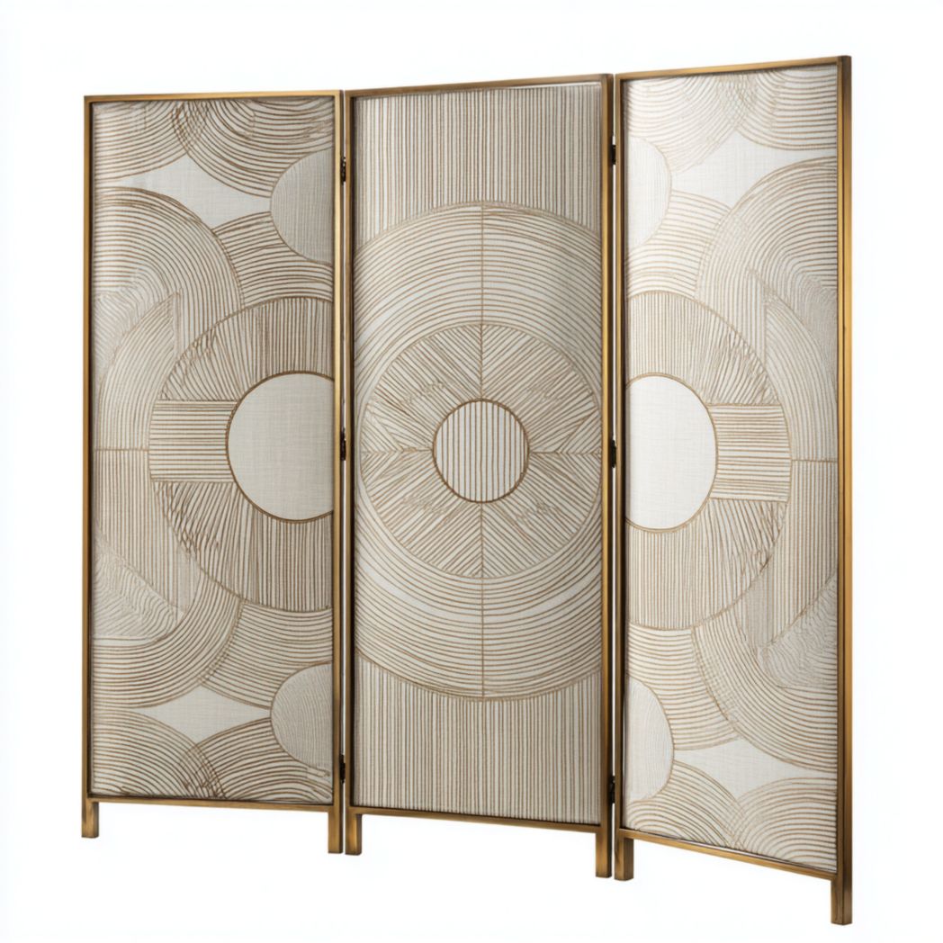 Paravent en trois parties avec cadre en métal et motif géométrique