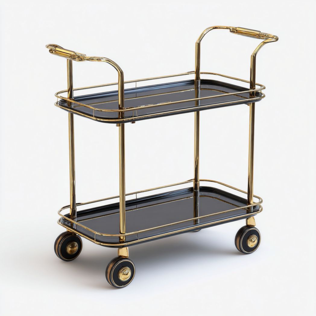 Chariot de service en verre noir à deux niveaux avec cadre en métal doré et roulettes rondes