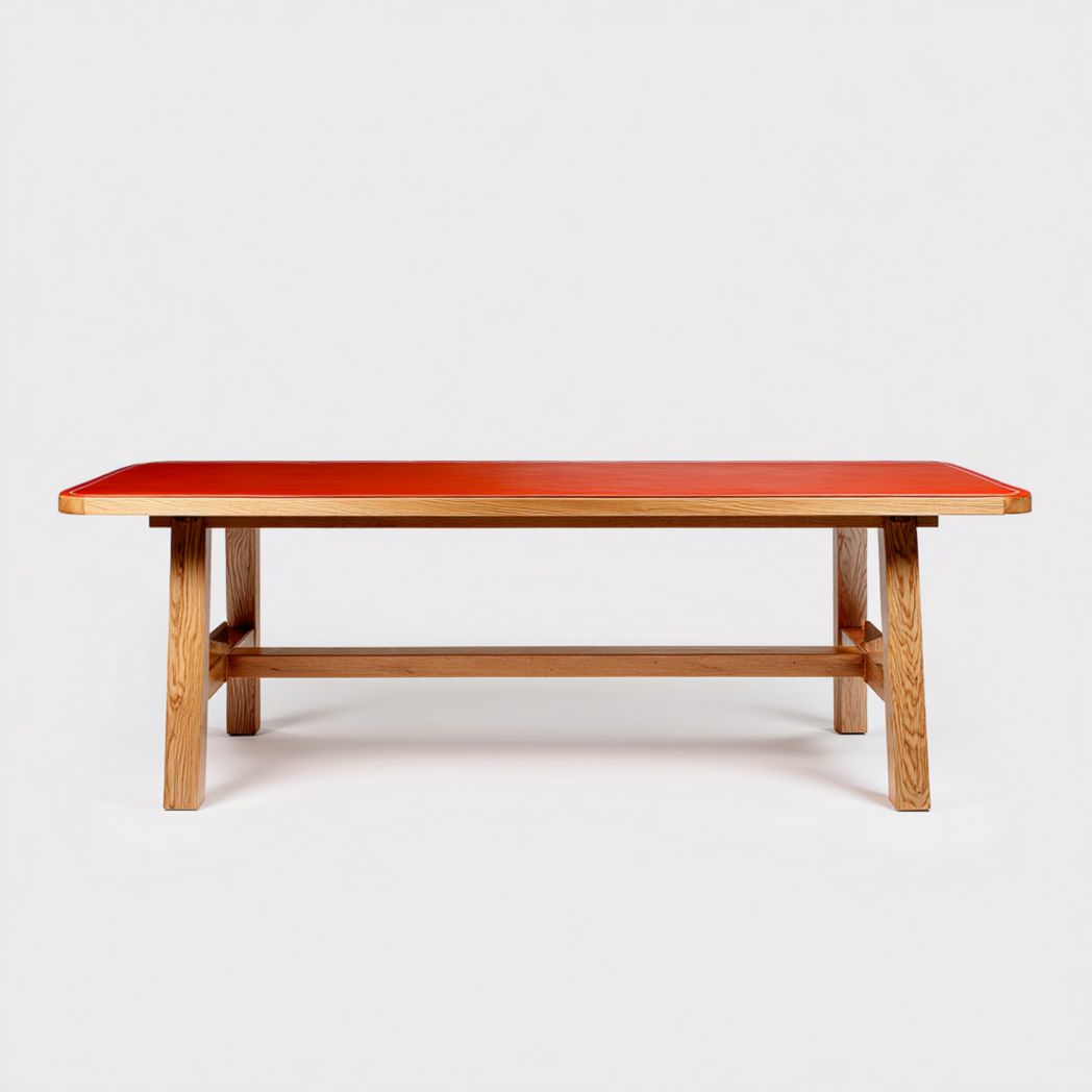 Table basse rectangulaire avec plateau rouge et cadre en bois