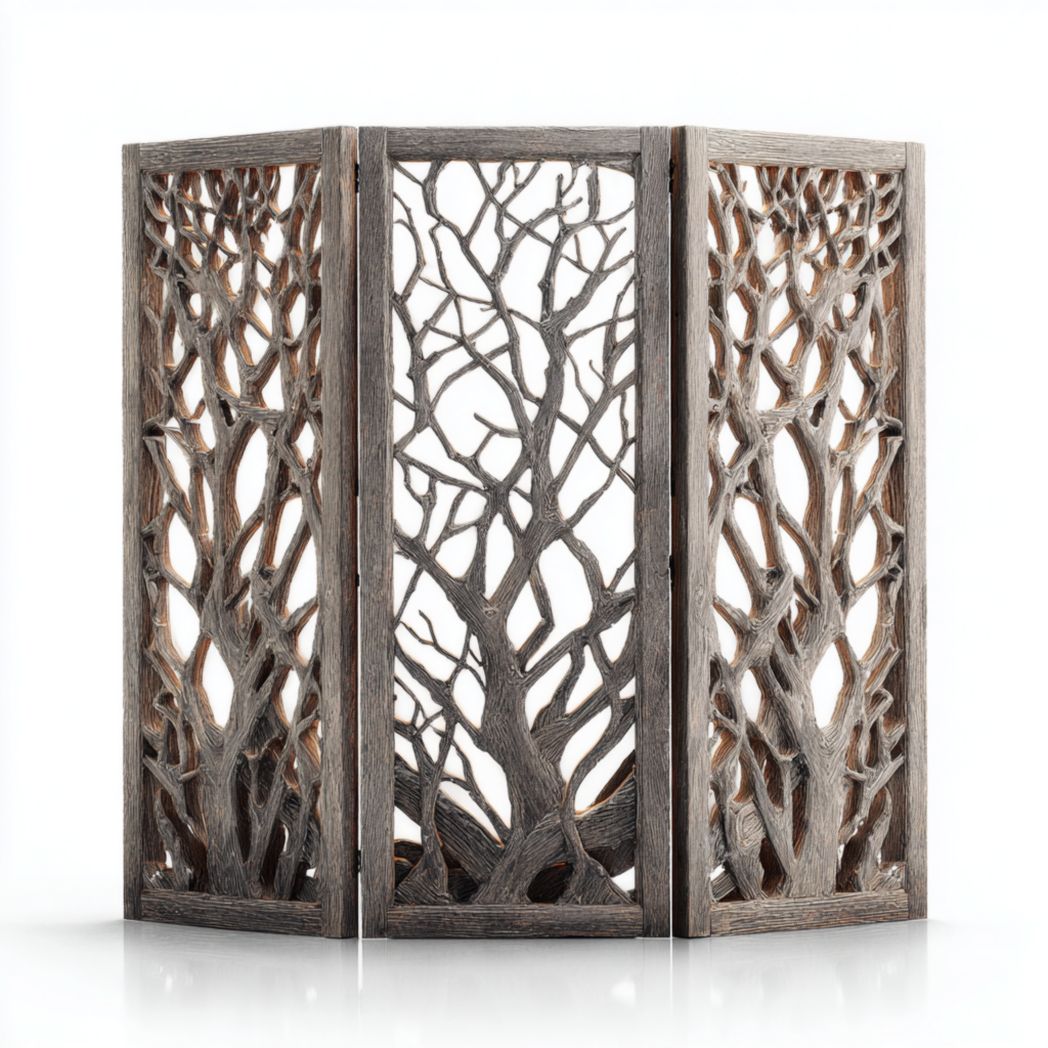 Paravent en bois gris à trois panneaux avec motifs sculptés en branches