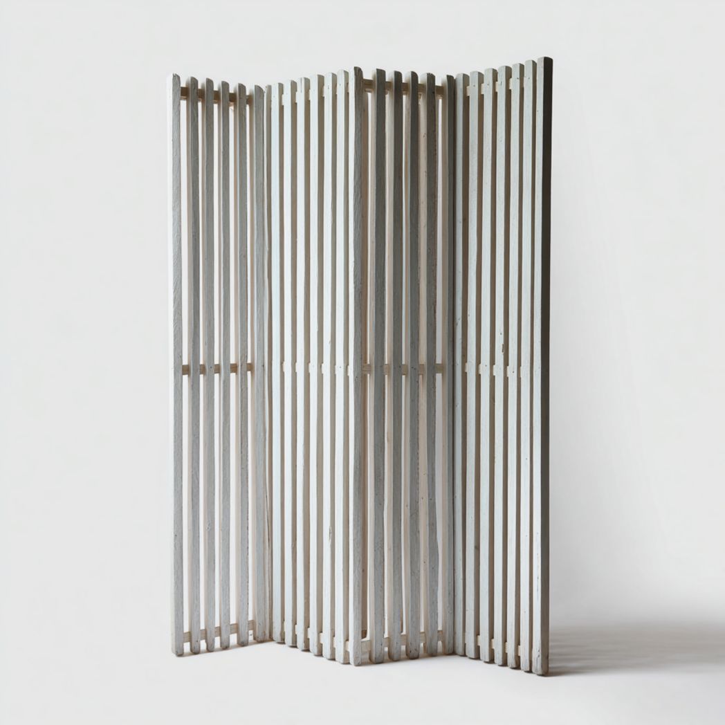 Paravent en quatre parties composé de lattes de bois blanc