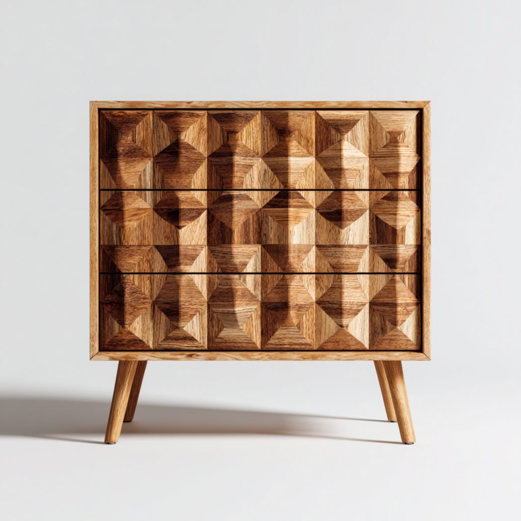 Commode géométrique en bois massif avec trois tiroirs de couleur bois naturel, de forme rectangulaire