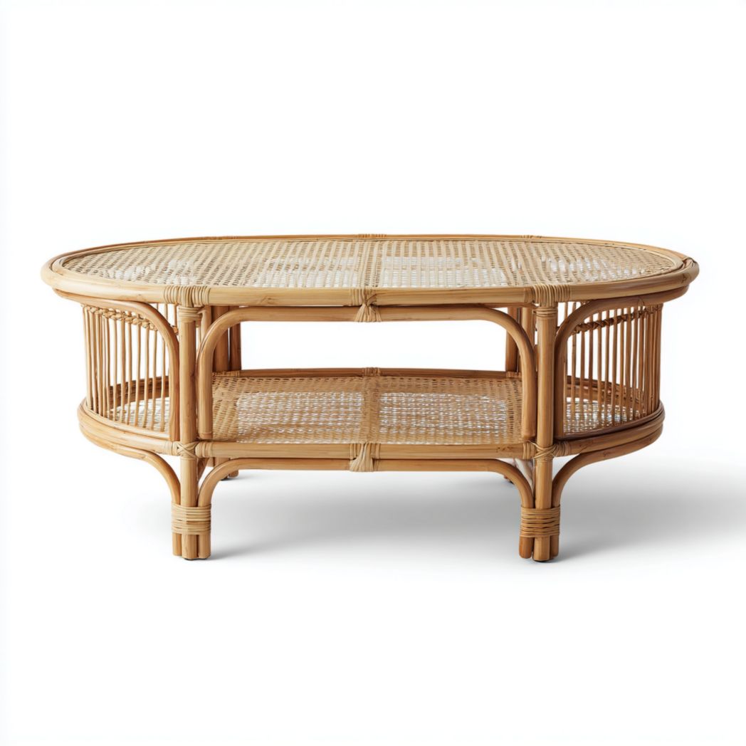 Table basse ovale en rotin avec structure à deux niveaux en marron clair sans tiroirs
