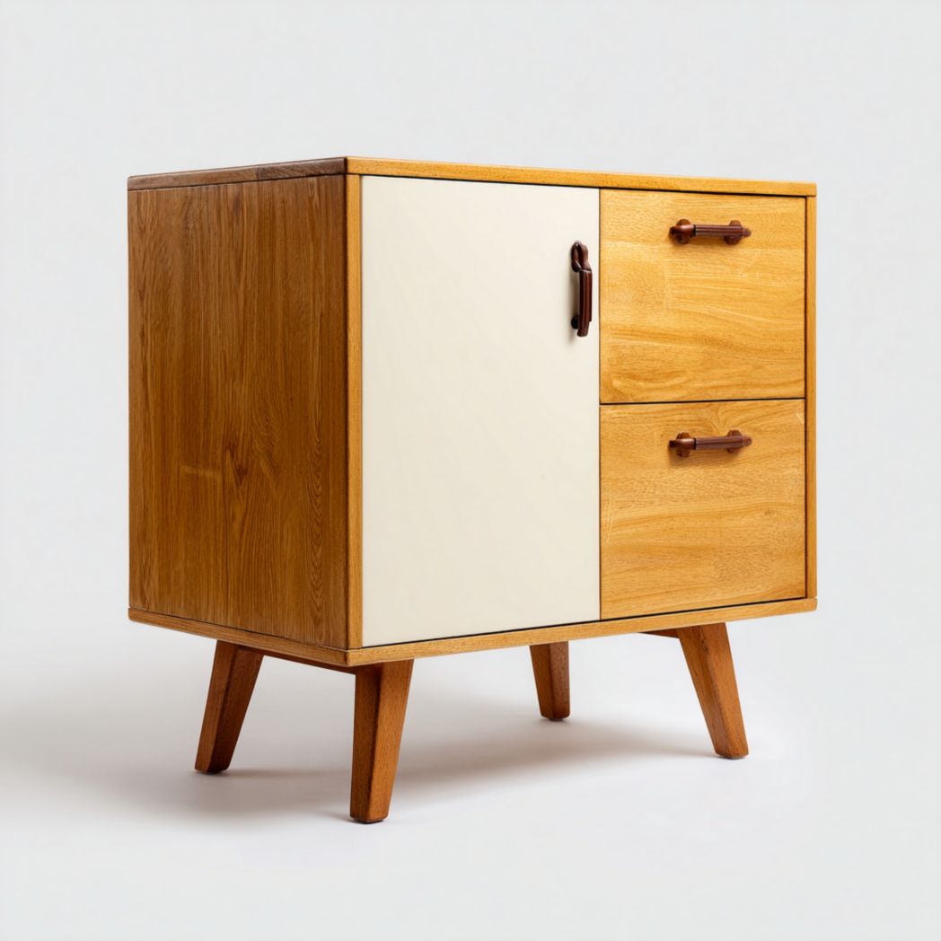 Classeur en bois clair avec une porte, deux tiroirs et pieds hauts