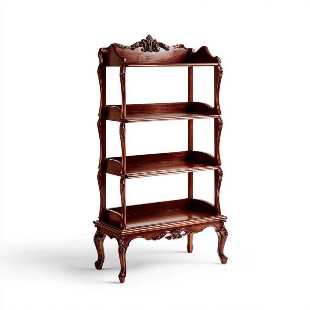 Bibliothèque en bois rouge-brun à quatre niveaux, supports incurvés et pieds décoratifs