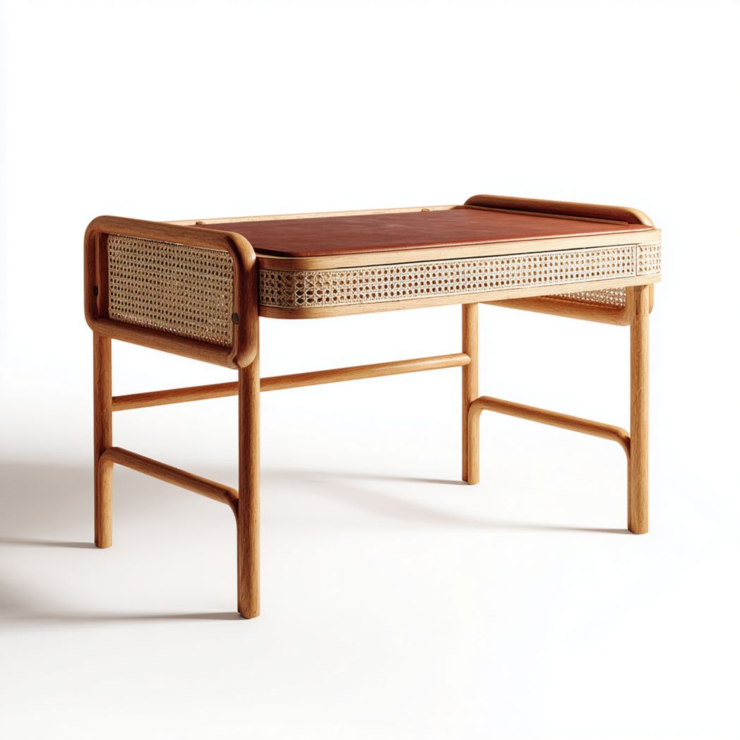 Bureau en bois avec panneaux en rotin et structure rectangulaire