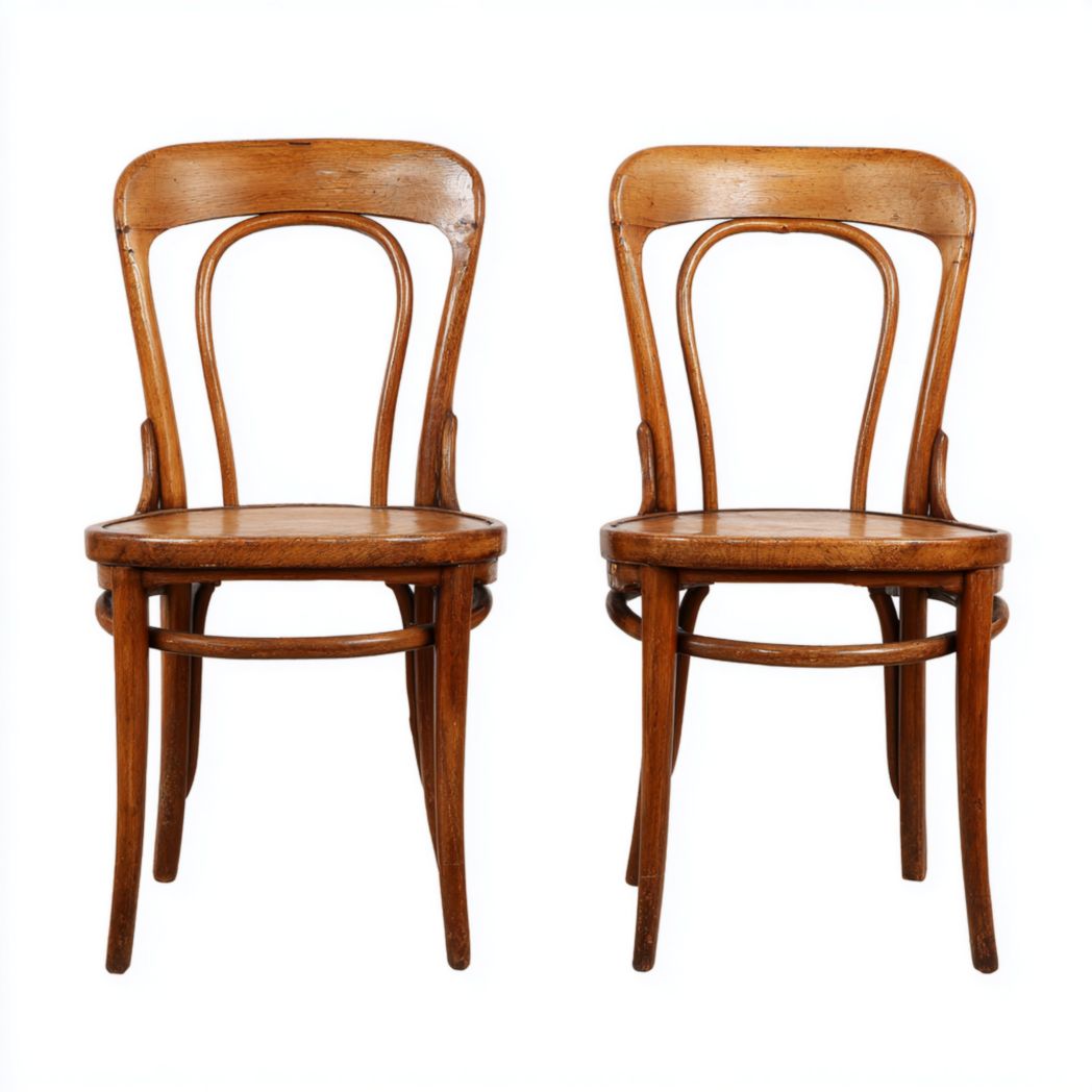 Deux chaises en bois avec dossier courbé et assise ronde