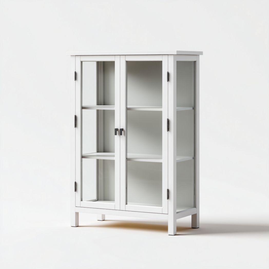 Bibliothèque en bois blanc avec portes vitrées et trois niveaux