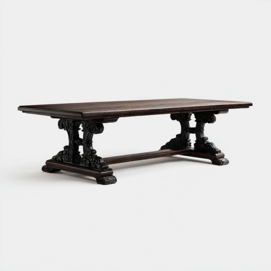 Table rectangulaire en bois avec plateau foncé et cadre en colonne double face