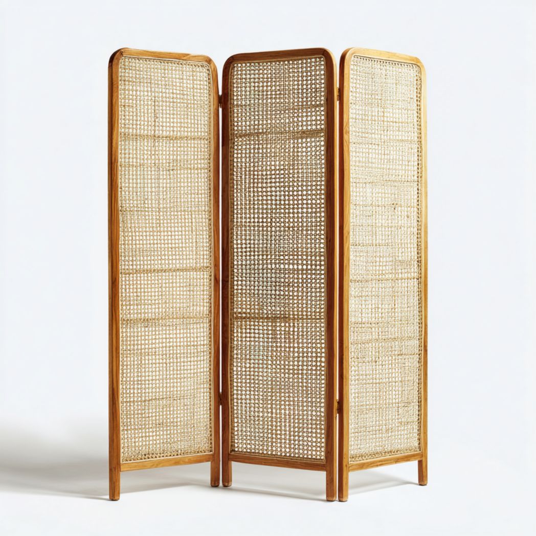Paravent pliant en trois parties en rotin avec cadre en bois de couleur naturelle