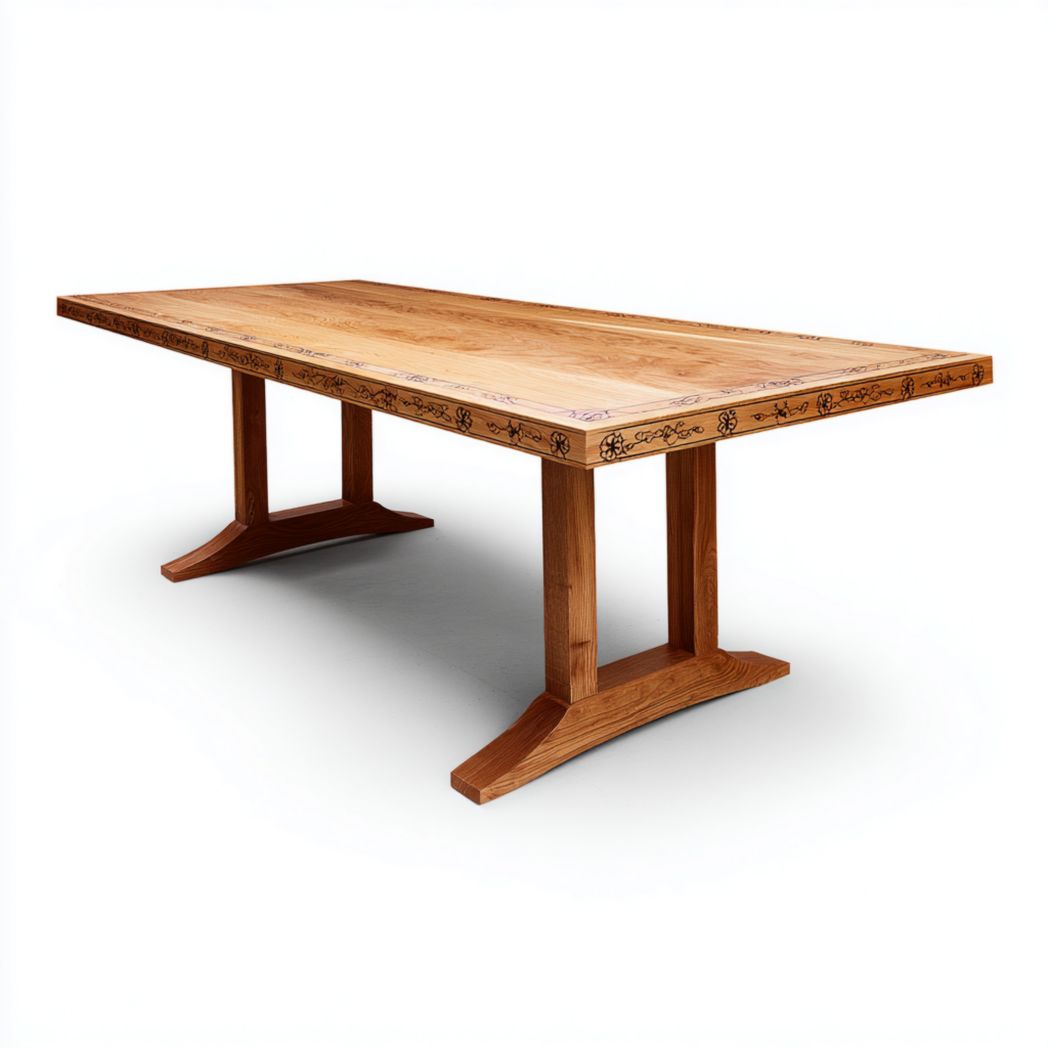 Table rectangulaire en bois clair avec bordure sculptée et double piètement