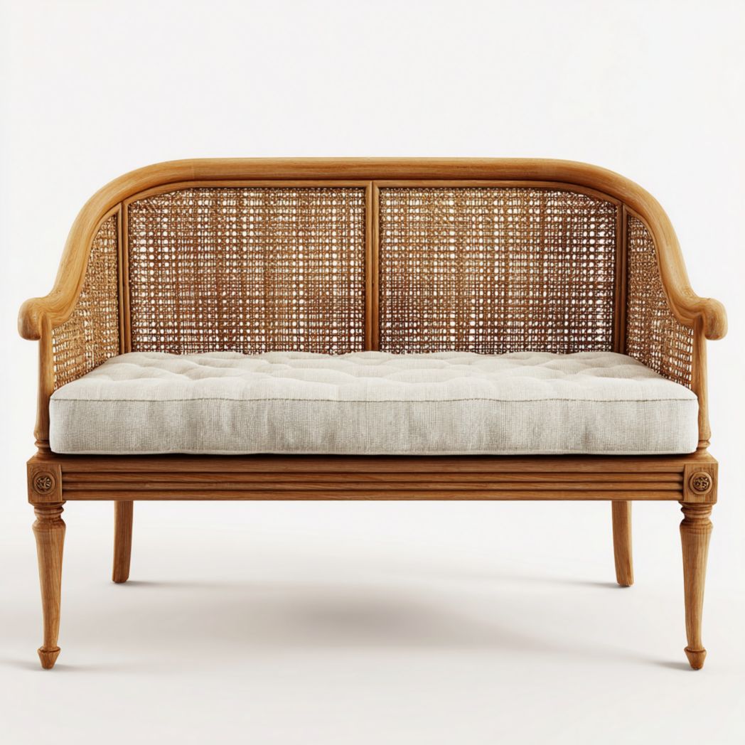 Banc en bois avec dossier en rotin et coussin d'assise beige