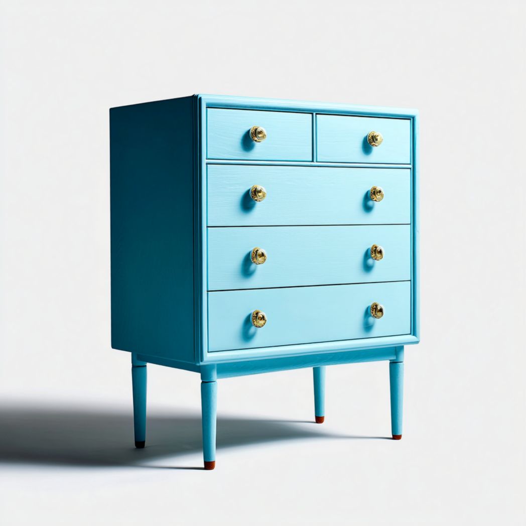 Commode en bois bleu à cinq tiroirs et poignées rondes en métal, rectangulaire verticale
