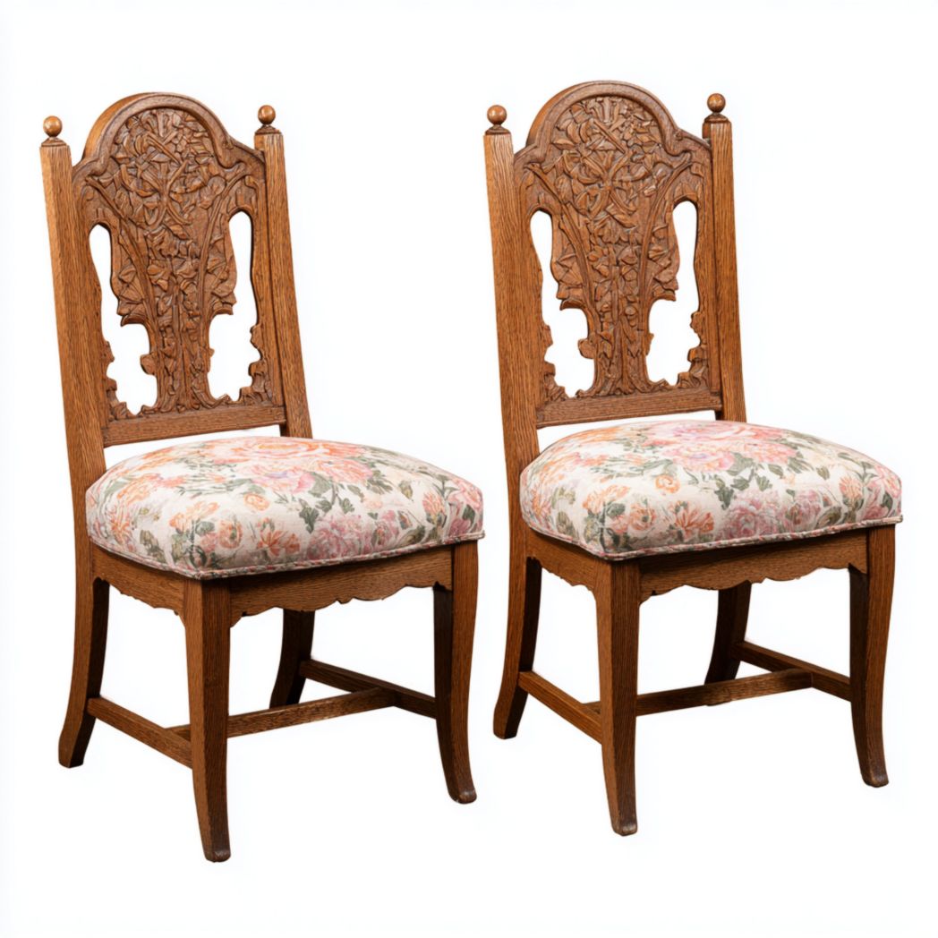 Deux chaises en bois avec dossier sculpté et assise rembourrée à motif floral