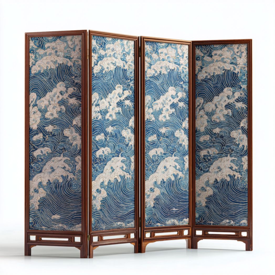 Paravent en quatre parties avec cadre en bois et motif de vagues bleues