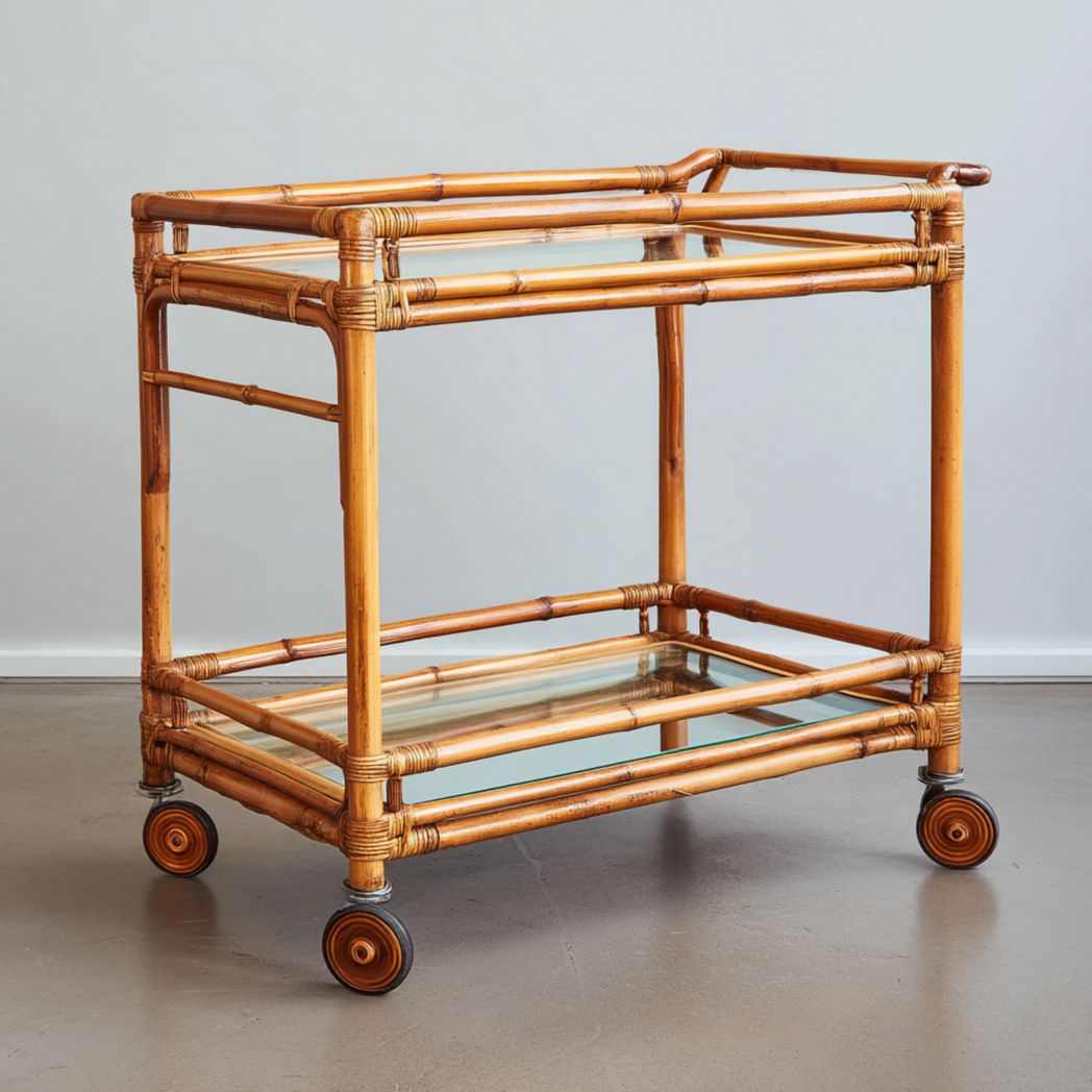 Chariot de service en bambou avec deux étagères en verre et roulettes