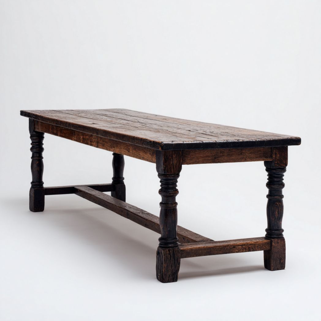 Table rectangulaire en bois avec plateau foncé et pieds tournés