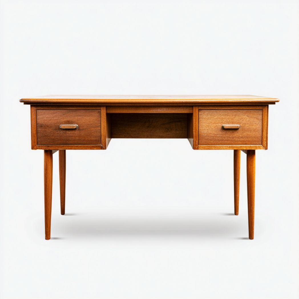 Bureau en bois brun avec deux tiroirs et quatre pieds coniques