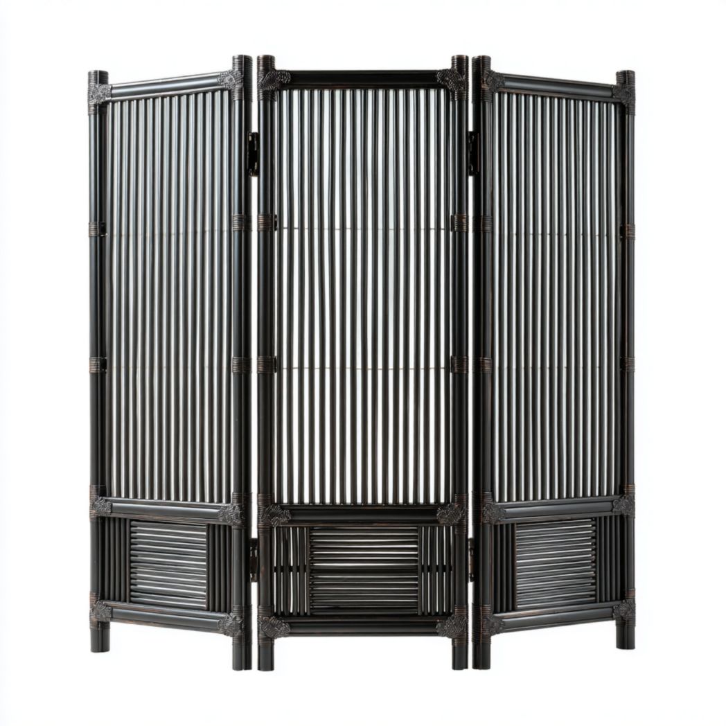 Paravent pliant en trois parties en bambou noir avec structure rayée