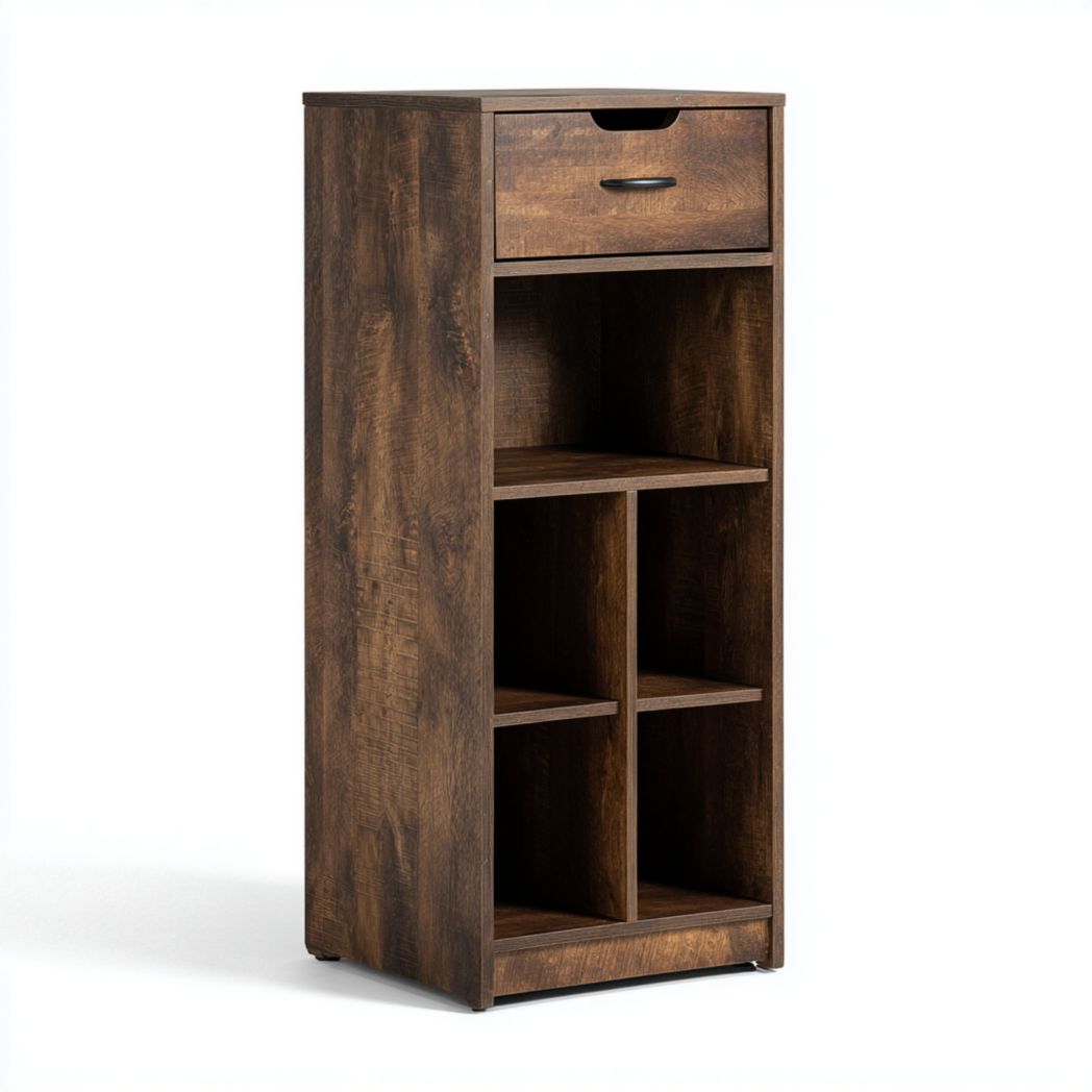 Classeur en bois marron foncé avec un tiroir et quatre compartiments