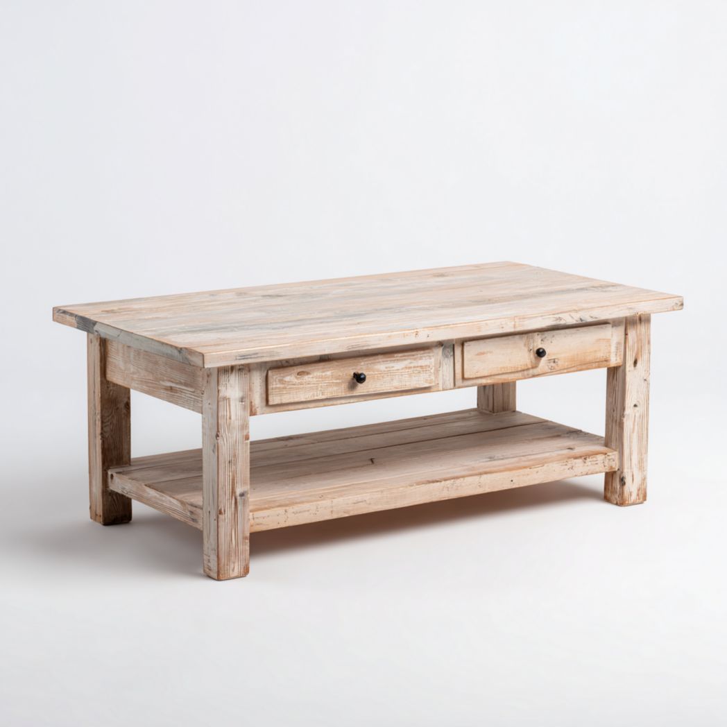 Table basse rectangulaire en bois massif clair avec deux tiroirs et étagère ouverte