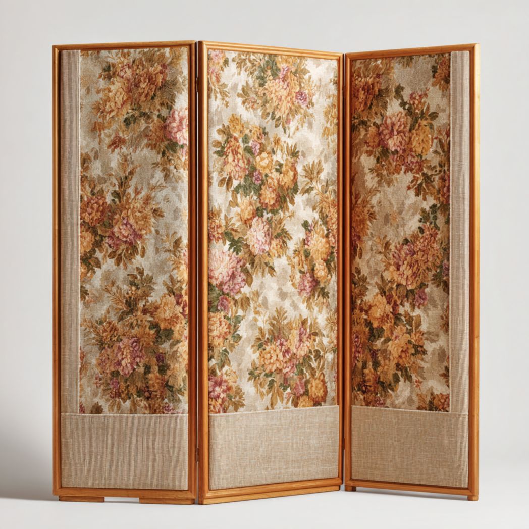 Paravent en trois parties avec cadre en bois et revêtement en tissu à motif floral