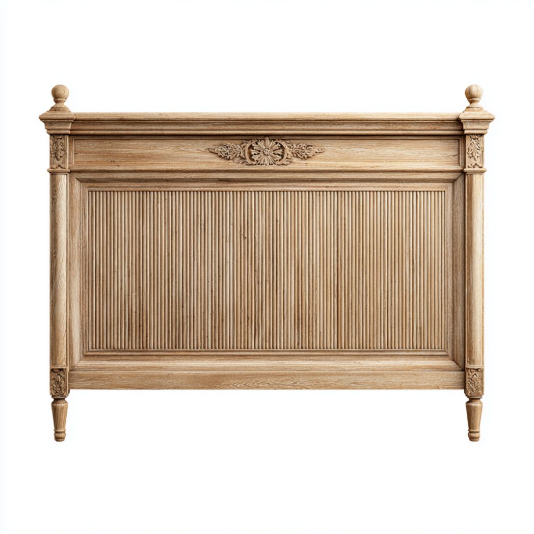 Tête de lit en bois massif marron clair avec rayures verticales et sculpture florale