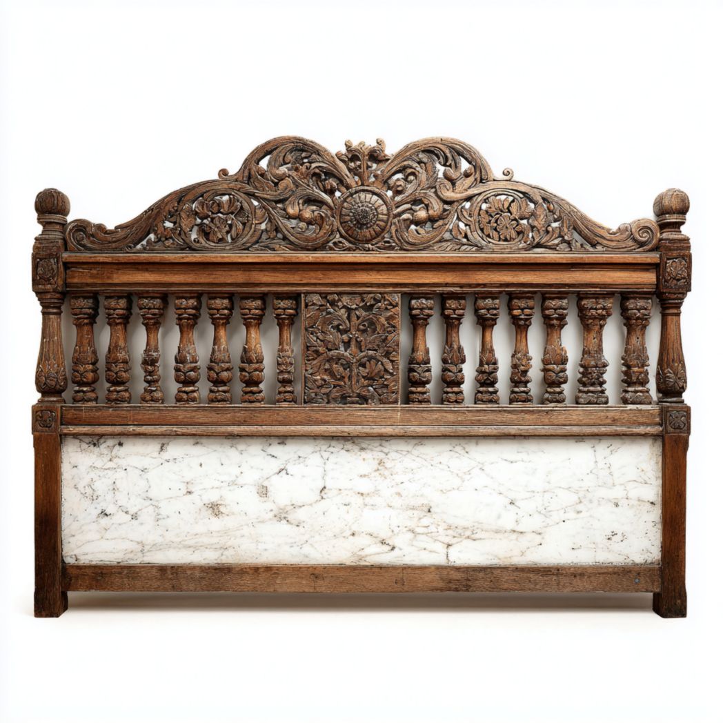 Tête de lit en bois avec combinaison de marbre marron foncé de forme rectangulaire