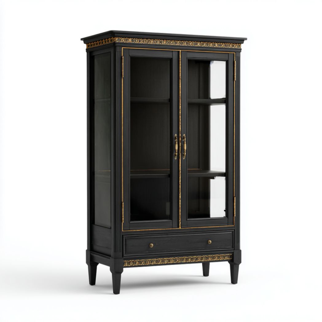 Vitrine en bois noir avec deux portes vitrées, décorations dorées et tiroir