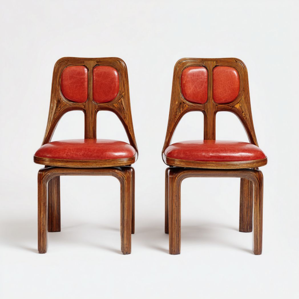 Deux chaises avec cadres en bois et revêtement rouge