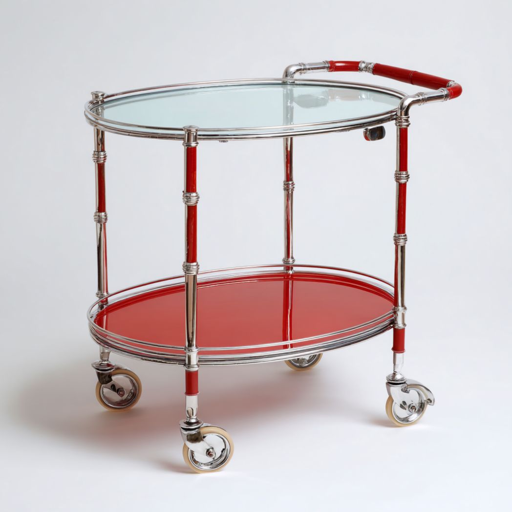 Chariot de service ovale avec structure en métal, étagère en verre et base rouge