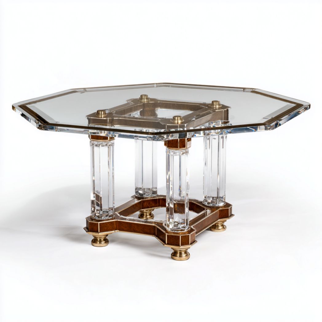 Table octogonale en verre avec plateau transparent et structure en métal et bois