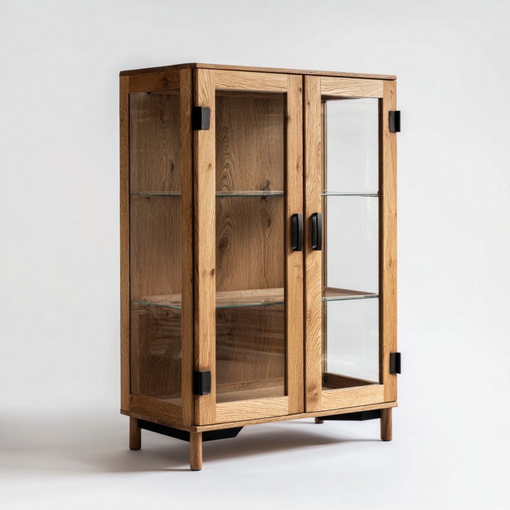 Vitrine en bois avec deux portes vitrées, ferrures noires et étagères en verre