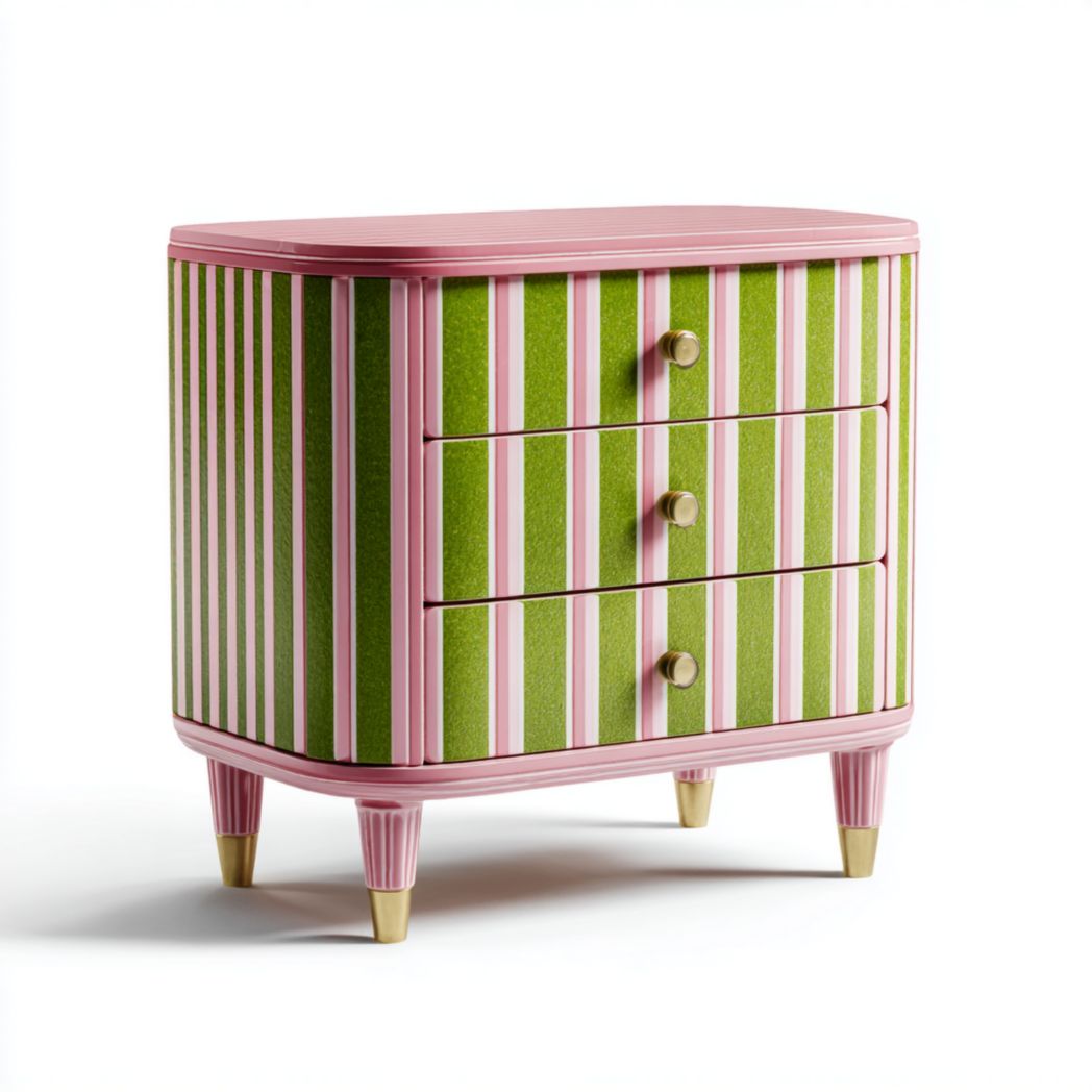 Commode à trois tiroirs à rayures vertes et roses, forme arrondie, poignées en métal