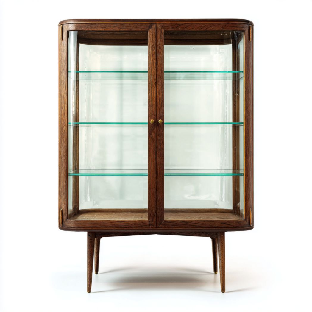 Vitrine en bois foncé avec deux portes vitrées, étagères en verre et pieds fins