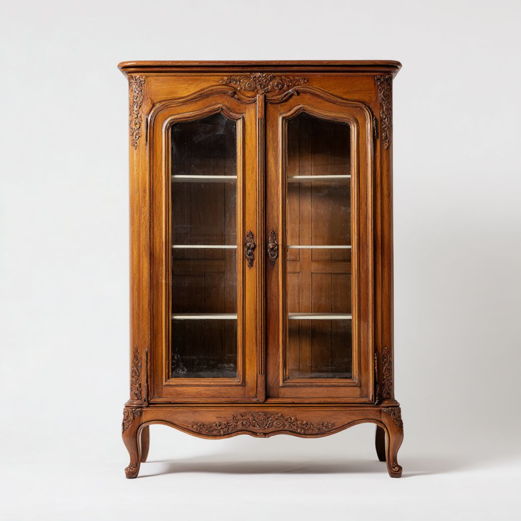 Vitrine en bois avec sculptures, deux portes vitrées, étagères et pieds courbés