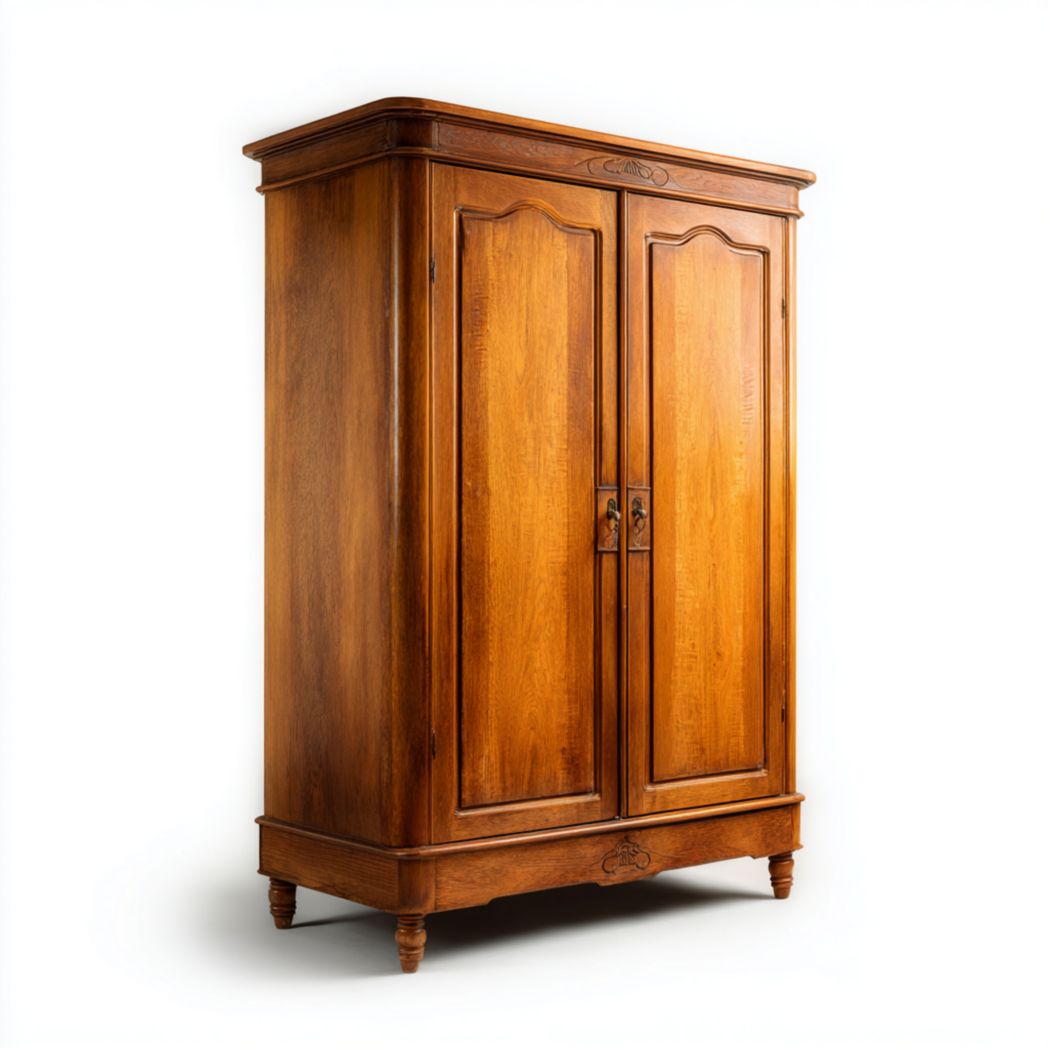 Armoire deux portes aspect bois marron foncé avec décor sculpté