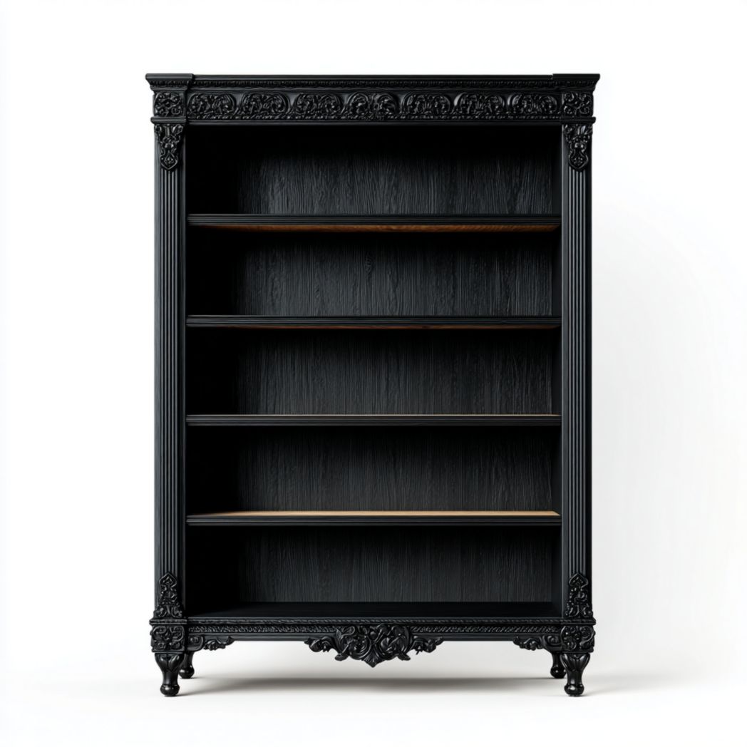 Bibliothèque à cinq niveaux en bois noir avec cadre sculpté