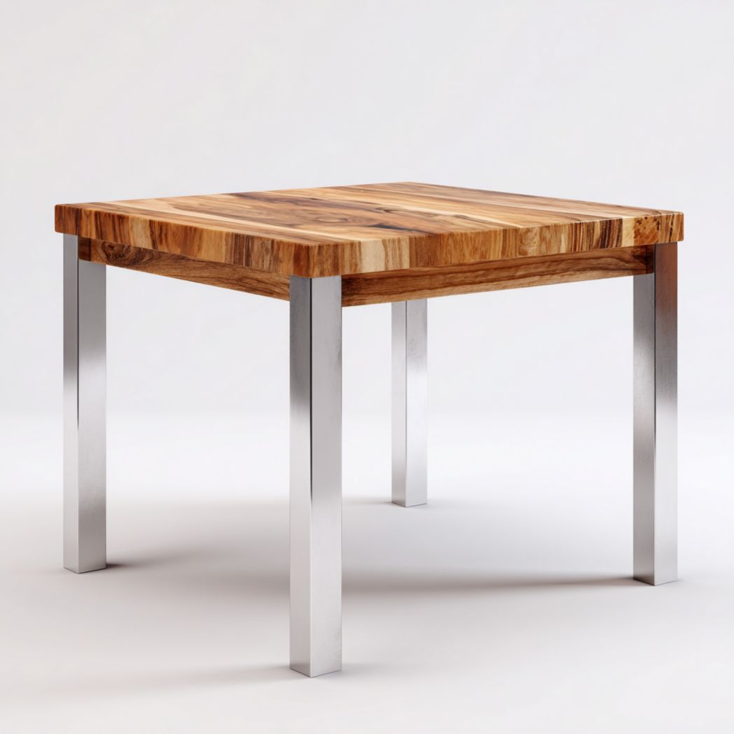 Table carrée en bois avec plateau en bois massif et pieds droits en métal