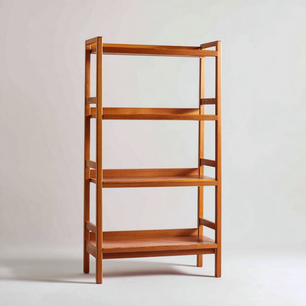 Bibliothèque en bois brun orangé à quatre niveaux et à cadre droit