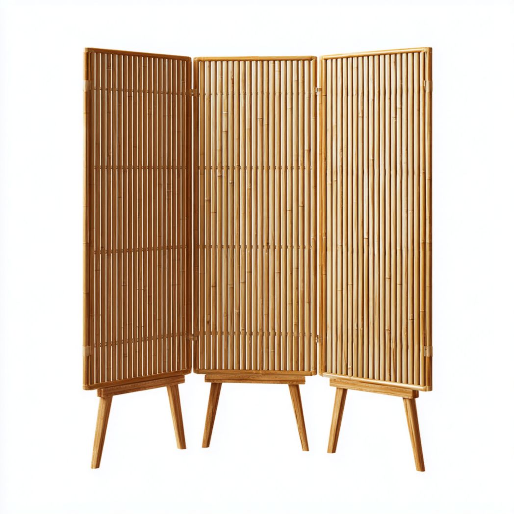 Paravent pliant en trois parties en bambou avec tiges verticales et pieds