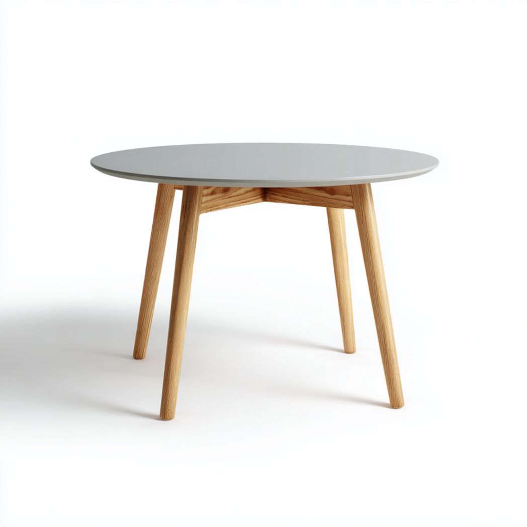 Table à manger ronde avec plateau gris et pieds aspect bois naturel