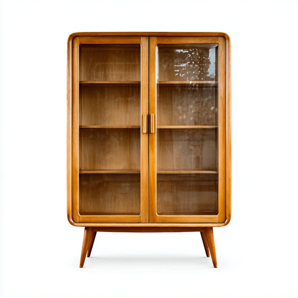 Vitrine en bois avec double porte, coins arrondis et trois étagères